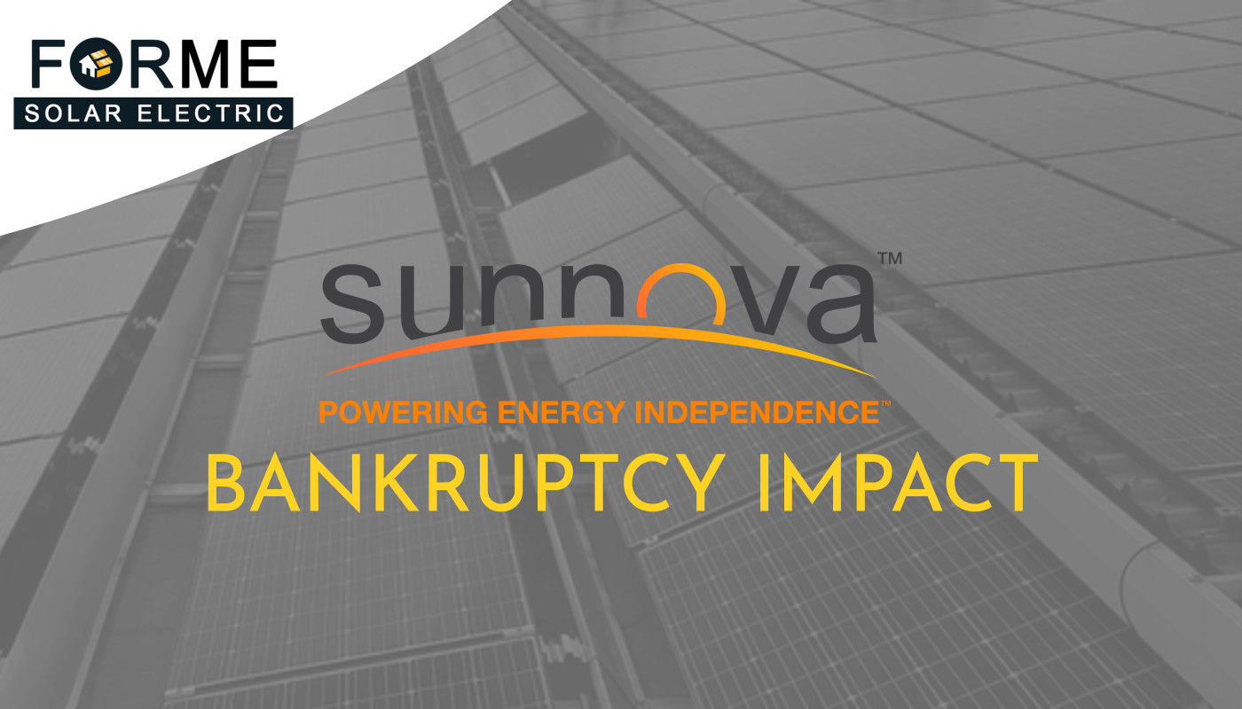 Sunnova logo with "Bankruptcy Impact" text over a background of solar panels; Forme Solar Electric and Enver Solar logos in the upper left, highlighting effects on leading solar companies.
